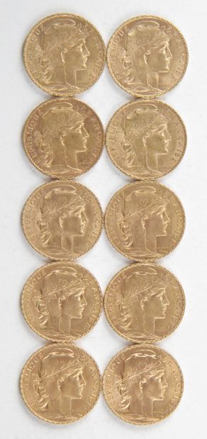  10 PIECES OF 20 FRANCS GOLD, 1905, 1908, 1911, Weight : 64,53 grams