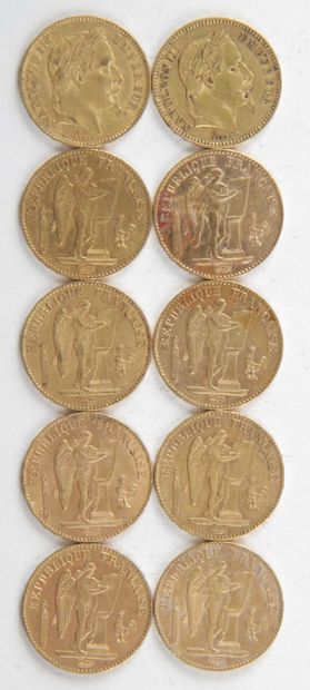  10 PIECES OF 20 FRANCS GOLD, 1863, 1868, 1878, 1887, 1893, 1895, 1898, Weight :...