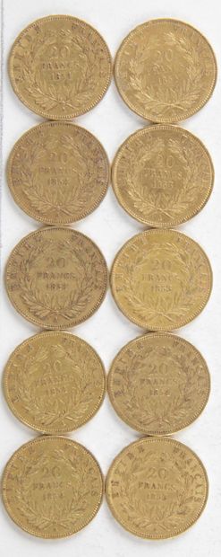  10 PIECES OF 20 FRANCS GOLD, 1853, 1854, Weight : 64,29 grams