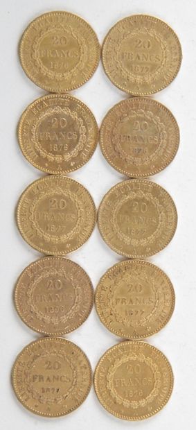 null 10 PIECES OF 20 FRANCS GOLD, 1876, 1877, 1890, Weight : 64,50 grams