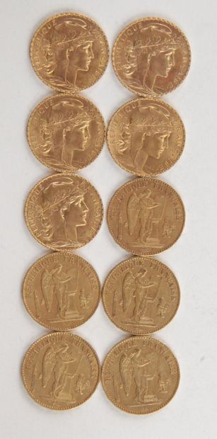  10 PIÈCES DE 20 FRANCS OR, 1878, 1913, Poids : 64,42 grammes