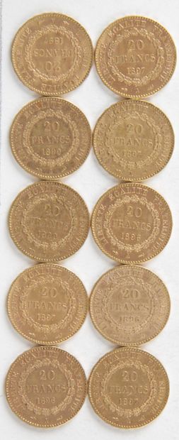 10 PIÈCES DE 20 FRANCS OR, 1890, 1896, 1897,...