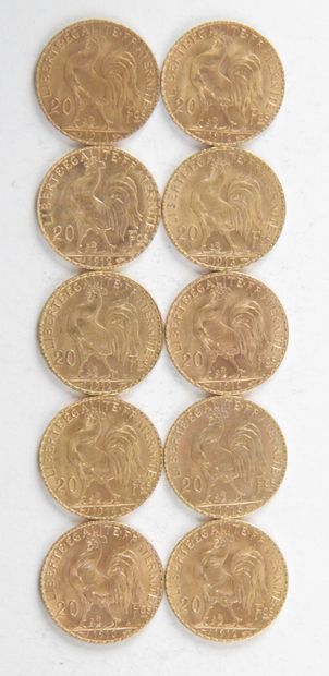 10 PIECES OF 20 FRANCS GOLD, 1910, 1912, 1913, 1914, Weight : 64,60 grams