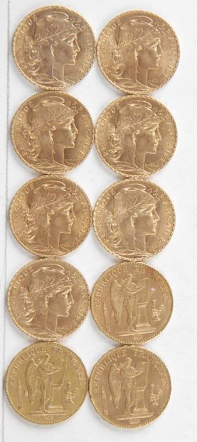 null 10 PIECES OF 20 FRANCS GOLD, 1898, 1909, Weight : 64,57 grams