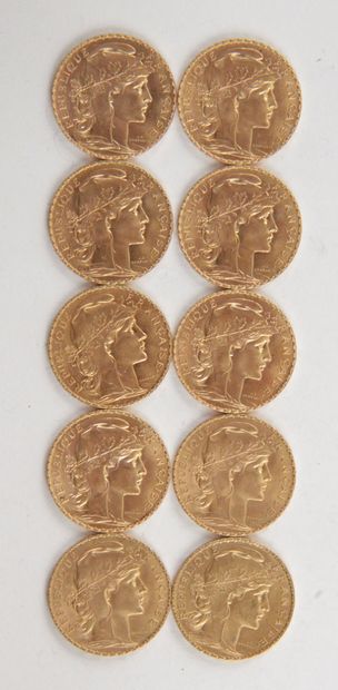 null 10 PIECES OF 20 FRANCS GOLD, 1901, 1914, Weight : 64,53 grams