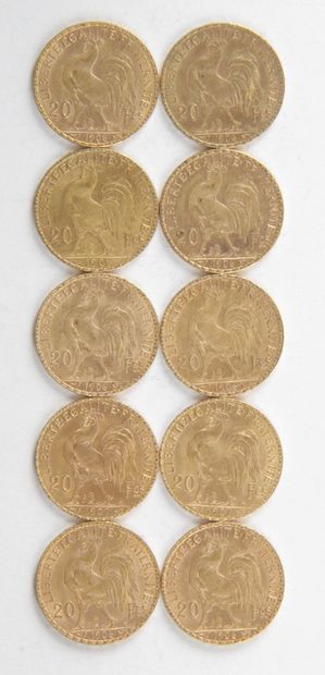  10 PIECES OF 20 FRANCS GOLD, 1901, 1906, 1907, Weight : 64,56 grams
