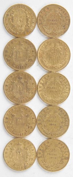  10 PIECES OF 20 FRANCS GOLD, 1859, 1866, 1867, Weight : 64,24 grams