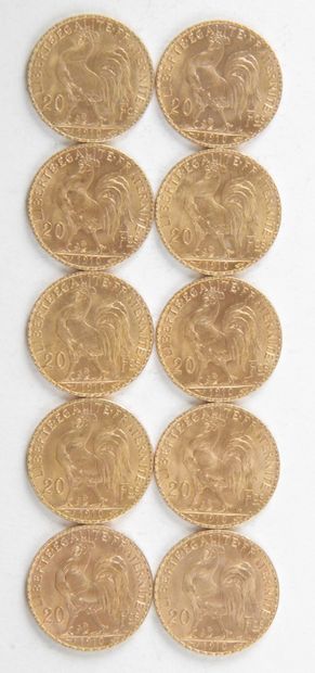  10 PIECES OF 20 FRANCS GOLD, 1910, Weight : 64,62 grams
