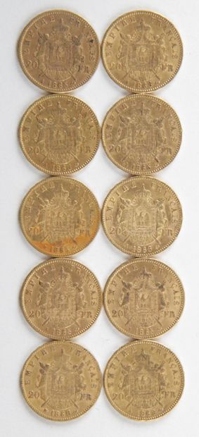 10 PIECES OF 20 FRANCS GOLD, 1865, 1868,...