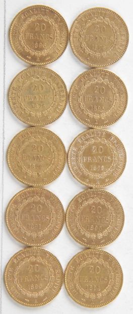  10 PIECES OF 20 FRANCS GOLD, 1876, 1878, 1891, 1893, 1894, 1895, Weight : 64,42...