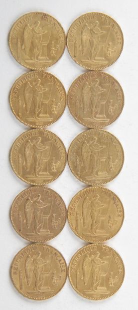 null 10 PIECES OF 20 FRANCS GOLD, 1876, 1877, 1890, Weight : 64,50 grams