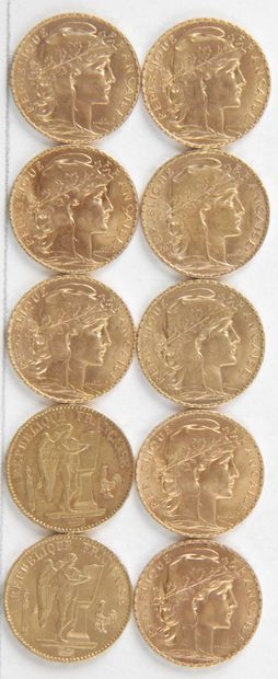 null 10 PIECES OF 20 FRANCS GOLD, 1886, 1910, Weight : 64,51 grams