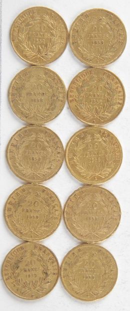 null 10 PIECES OF 20 FRANCS GOLD, 1852, 1858, Weight : 64,21 grams