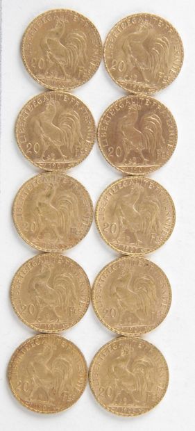 null 10 PIECES OF 20 FRANCS GOLD, 1905, 1907, Weight : 64,57 grams