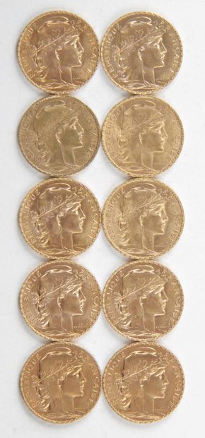  10 PIECES OF 20 FRANCS GOLD, 1909, Weight : 64,58 grams