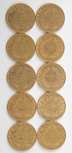 null 10 PIECES OF 20 FRANCS GOLD, 1857, 1860, Weight : 64,26 grams