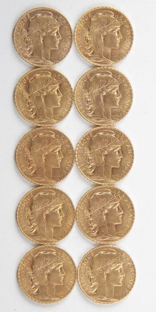  10 PIECES OF 20 FRANCS GOLD, 1911, 1913, 1914, Weight : 64,62 grams