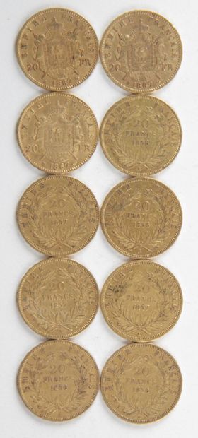 null 10 PIECES OF 20 FRANCS GOLD, 1856, 1857, 1867, Weight : 64,29 grams
