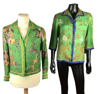 HERMES PARIS Two green silk blouses, one...