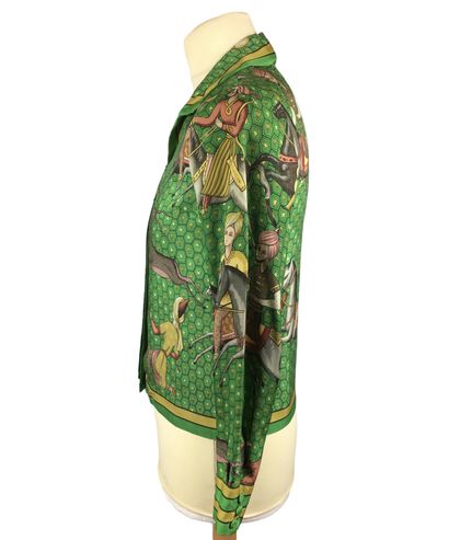 null HERMES PARIS Two green silk blouses, one with Ispahan decoration and the other...