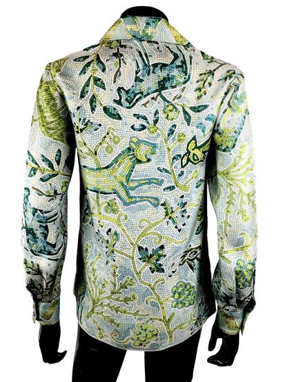 null HERMES PARIS Silk shirt with stylized plant and animal motifs in light blue,...