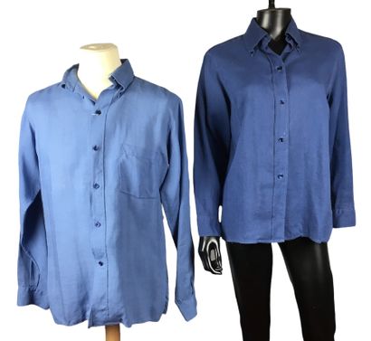 HERMES PARIS Deux chemises en lin bleu manches...