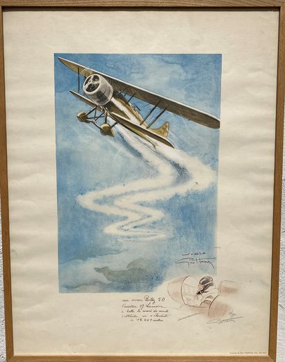 Peinture Geo Ham "Record d'altitude, sur avion Potez 50, l'aviateur G Lemoine a battu...