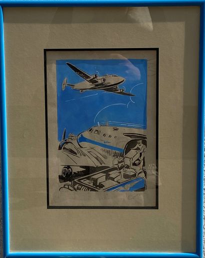 Dessin aquarelle Watercolour drawing of two cargo planes; framed; 44 x 35 cm