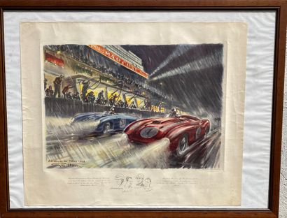 Estampe en couleurs « 24 Heures du Mans 1954 » Ferrari et DB passant devant les stands,...
