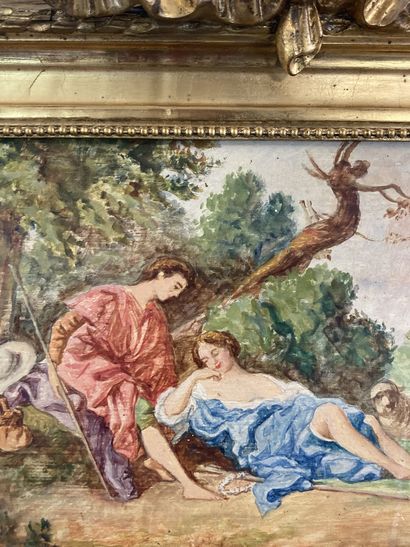null TRUMEAU Style Louis XVI, surmonté d'une peinture à scène pastorale.

Cadre en...