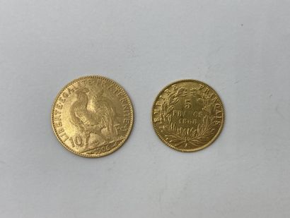 null 2 PIECES en or : 

- une de 5 francs au profil de Napoléon III, 1866 

- une...