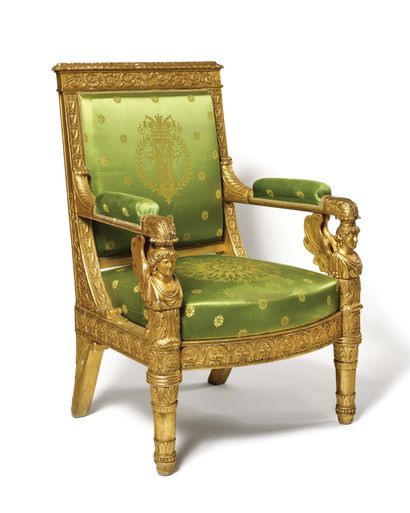  SPECTACULAR Gilded wood armchair richly carved, with rectangular back decorated...