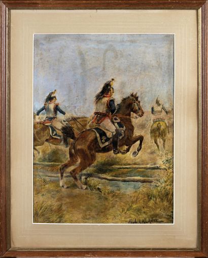 null ALPHONSE LALAUZE (1872-1941) a) "Cuirassiers au galop sautant la rivière", watercolor...