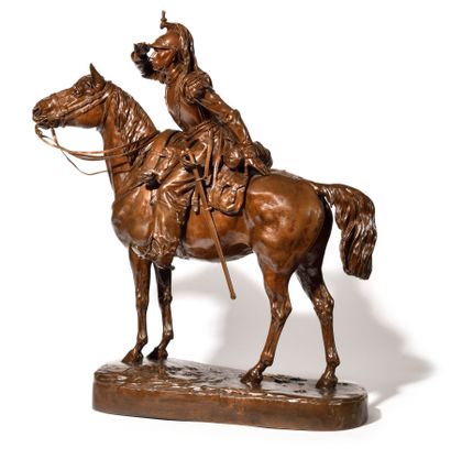 null MATHILDE THOMAS (1858-1940) The cuirassier on his horse Equestrian bronze signed...