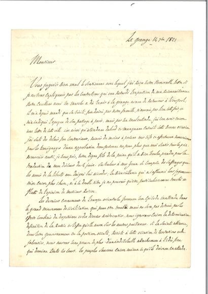 null . LA FAYETTE (Gilbert Du Motier de). Autograph letter signed to William Roscoe....