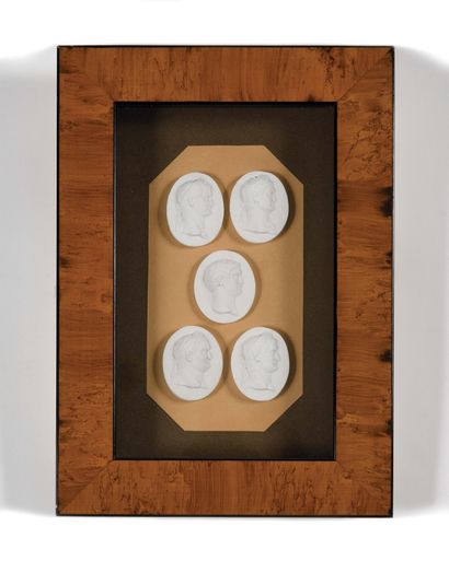 SET OF FIVE OVAL MEDALONS in stucco representing...