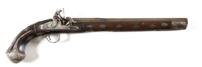  LONG AND FINE OTTOMAN FLINTLOCK PISTOL. Round barrel with flats to the thunder....