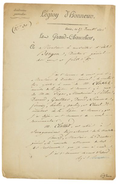 null L.S. DU GRAND CHANCELIER DE LA LEGION D’HONNEUR LACEPEDE (1756-1825) A MONSIEUR...