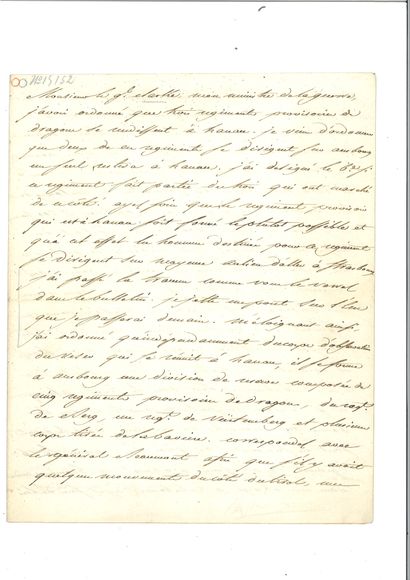  . NAPOLÉON Ier. Lettre signée « Napo » au ministre de la Guerre le général Henry...