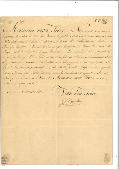 null MURAT (Joachim). Letter signed "J Napoleon" as king of Naples, addressed to...