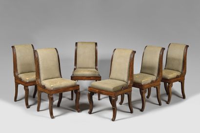 null SET OF SIX mahogany and mahogany veneered reverse back chairs, the "flanges"...