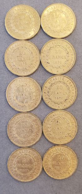 null 10 Pièces d'or de 20 francs, années : 1874, 1875, 1876, 1877. Poids : 64,44...