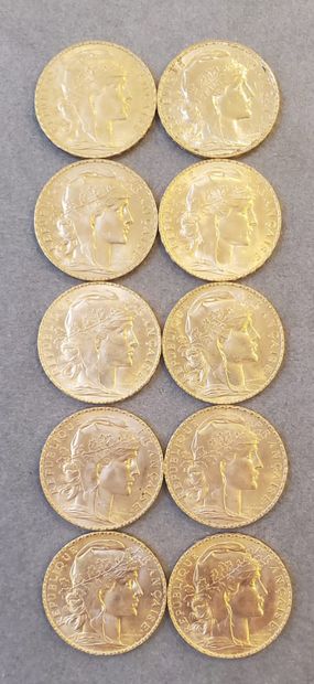 null 10 Pièces d'or de 20 francs, années :1912, 1913 et 1914. Poids : 64, 55 gra...