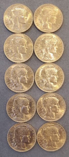 10 pièces d'or de 20 francs, années : 1907...