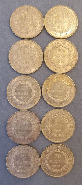 null 10 Pièces d'or de 20 francs de l'année 1897. Poids : 64,53 grammes.