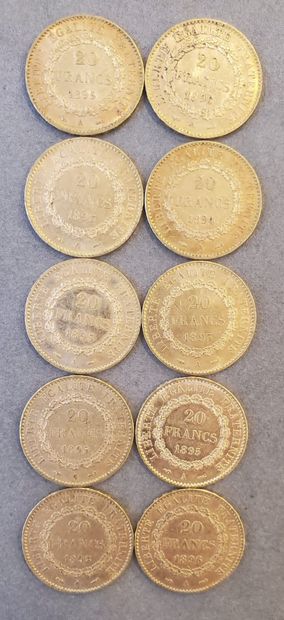 10 Pièces d'or de 20 francs, années : 1893,...
