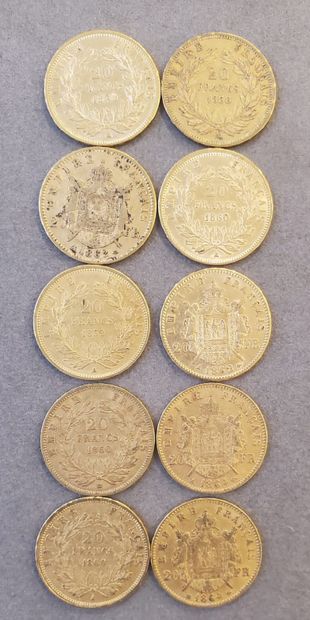 null 10 Pièces d'or de 20 francs, années : 1859, 1860, 1862, 1864. Poids : 64,32...