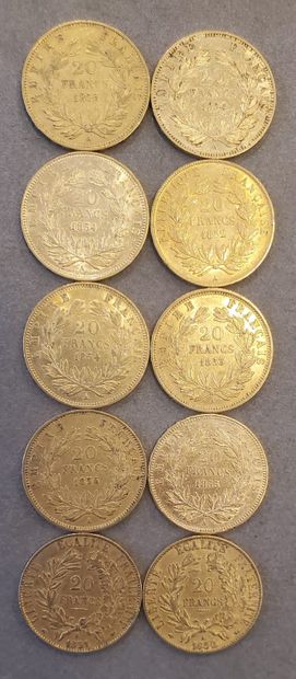 null 10 Pièces d'or de 20 francs, années : 1850, 1852, 1853, 1854, 1855, 1856. Poids...