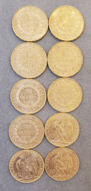 null 10 Pièces d'or de 20 francs, années : 1897, 1898, 1905, 1907. Poids :64, 50...
