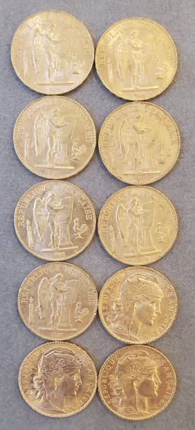 10 Pièces d'or de 20 francs, années : 1897,...